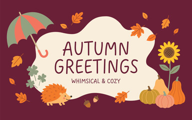 Autumn greetings card design with cute hedgehog, umbrella, pumpkins, sunflower and fall leaves on purple background © TanjilaAkter