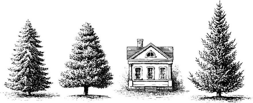 Vintage ink winter pine trees and farmhouse illustration set for christmas background and seasonal banner and poster design