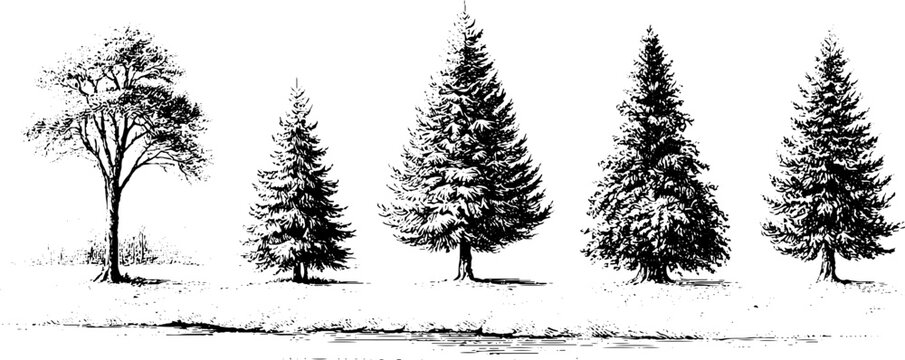 Mixed winter tree illustration set with pine fir and lone deciduous tree for christmas lot background and seasonal poster design