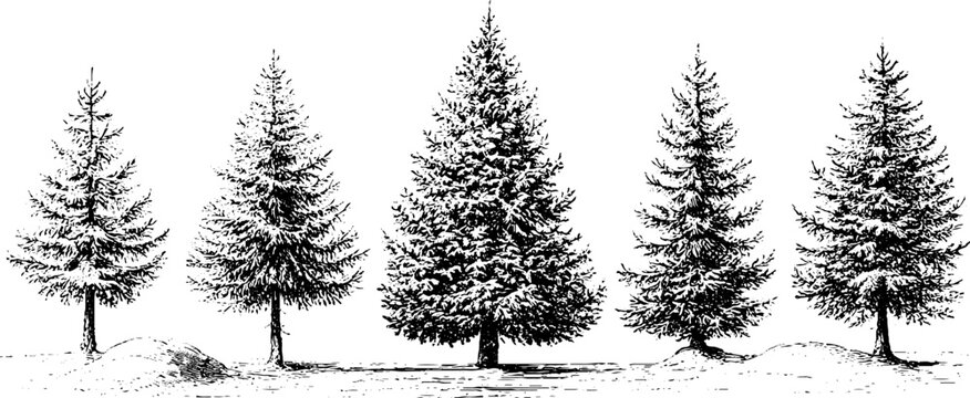 Row of five ink pine tree silhouettes for christmas tree lot winter background and poster design with engraved sketch style