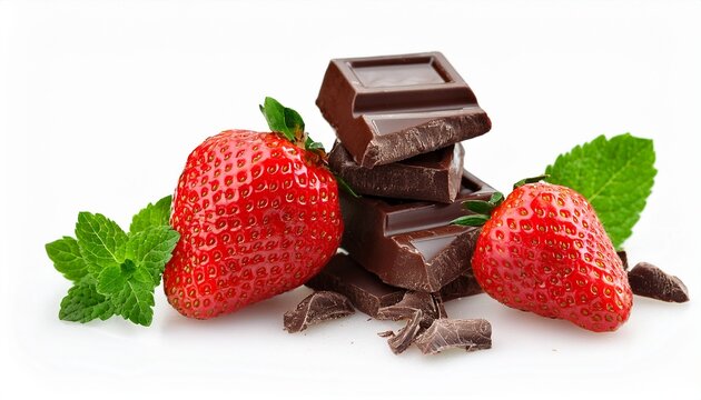 Fresh Strawberries And Dark Chocolate Chunks With Mint Leaves On A White Background