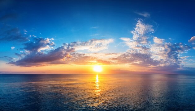 Calm Dawn Sea Panoramic Background Morning Sun And Blue Sky With Colorful Clouds