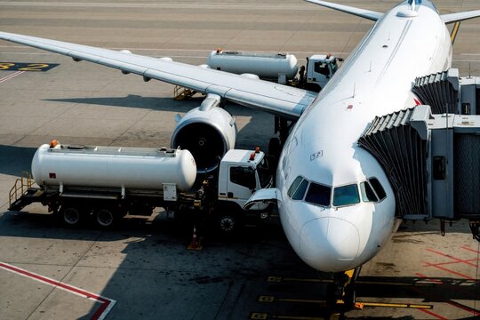 Large passenger jet airplane gets refueled by tanker trucks on airport tarmac. Aircraft connects to jet bridge ready for boarding passengers for its next flight.