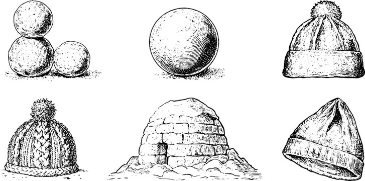 Hand drawn winter snowball and igloo with knitted hat set for christmas holiday background and banner design