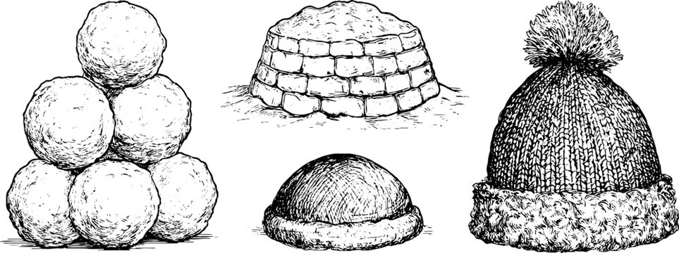 Hand drawn stacked snowball pyramid igloo and knitted hat set for winter holiday background and banner design