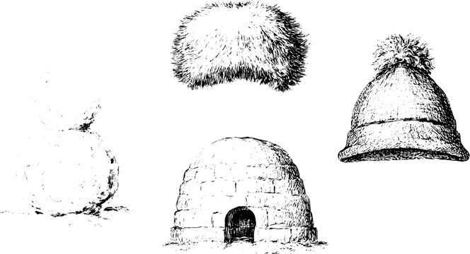 Hand drawn winter igloo and knitted hat set with snowball elements for christmas holiday background and poster design