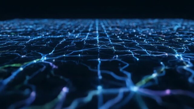 Abstract glowing lines form a complex network. Digital energy flows through a dark, futuristic grid.