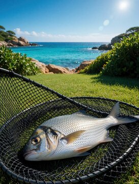 Fresh fish lies in black net on green grass near blue ocean shore. Silver seabream animal rests after successful angling session. Sunny day by tropical rocky coast provides beautiful background for