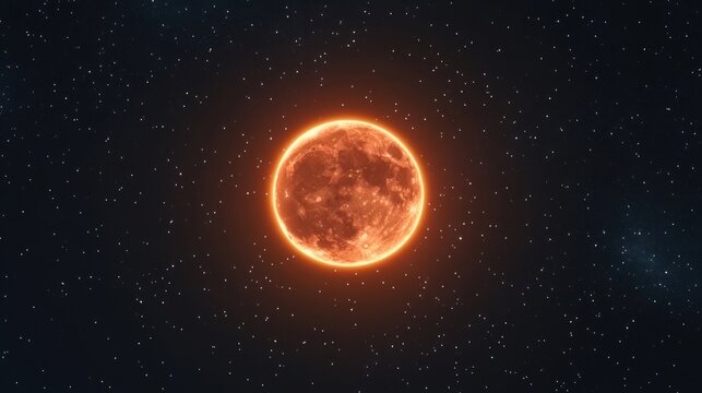 Full orange supermoon halo glowing surrounded by stars on black night sky background