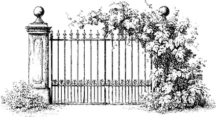 Obraz premium Wrought iron garden gate with stone pillar and climbing foliage for ornamental garden entrance background and landscape design decoration