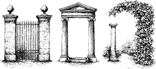 Obraz premium Classical garden gates columns arch and arbor set with stone pillars and trellis for architectural background and design elements