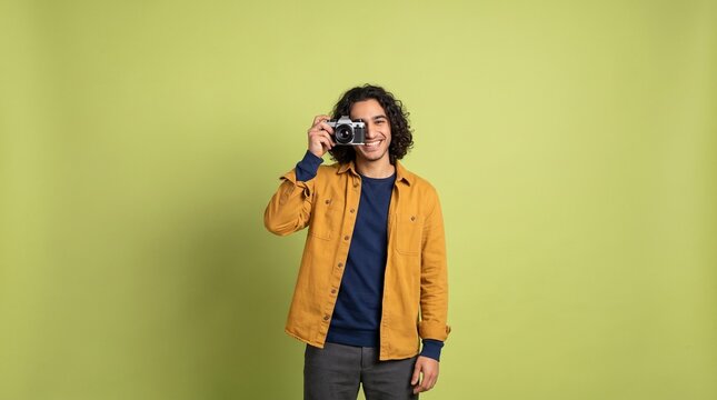 Young man with curly hair smiling and holding a vintage camera in front of his face against a light green background