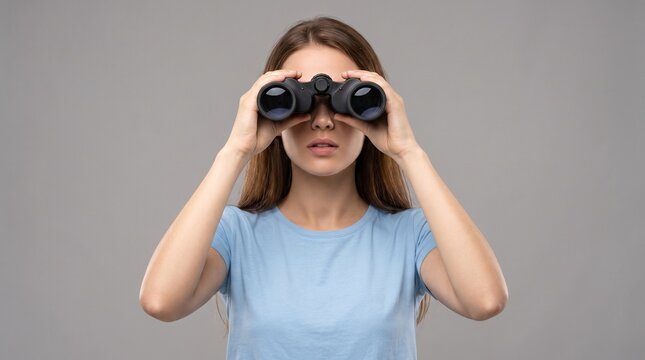 Young woman looking through binoculars with curiosity and focus on a neutral background