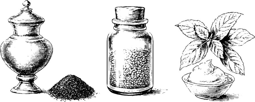 Hand drawn zaatar sumac and sesame bottle jar and bowl illustrations with leaves and paste for culinary label and packaging design