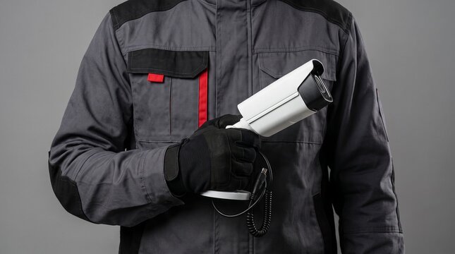 Security guard in uniform holding a surveillance camera for installation or maintenance