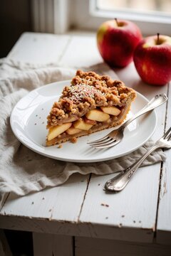 Slice of fresh apple pie with crunchy crumble top, sugar sprinkles served on white plate. Two red fruits sit on wooden table near metal forks. Homemade pastry dessert for autumn holidays cafe menu.
