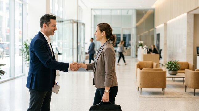 Business professionals shaking hands in a modern office lobby, a friendly farewell moment