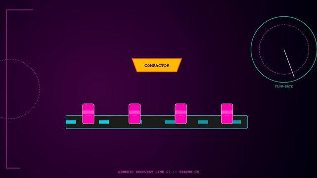Vessel recycling tracking software interface showing digital conveyor movement with circular gauges and pink rectangular blocks moving across a dark grid display for industrial processing monitoring