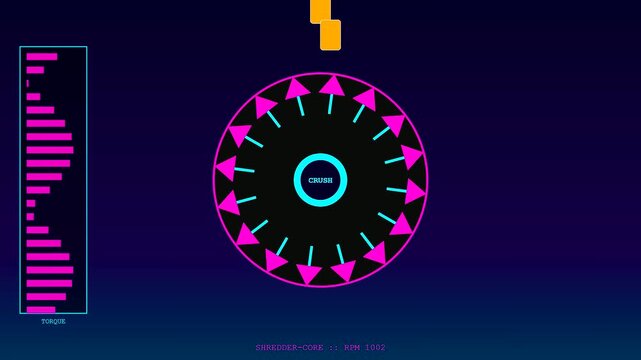 A visual demonstration of vessel recycling displayed through a circular industrial graphic interface with pulsing neon arrows and rotating metrics on a dark purple screen