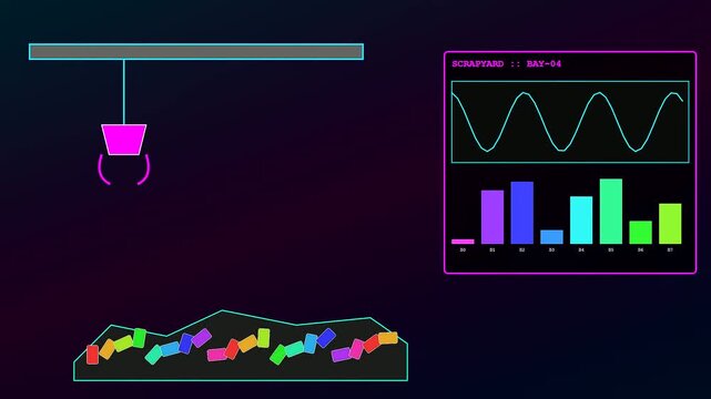 Automated vessel recycling monitoring displayed on a digital interface featuring rhythmic waves and colorful bar charts that track scattered debris movement in a dark environment