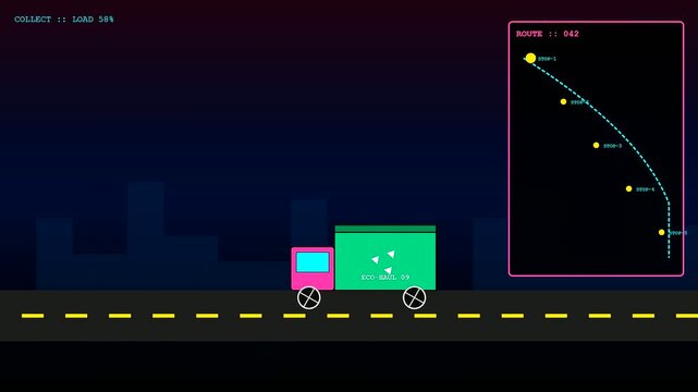 Vessel recycling processes are illustrated through an animated logistics tracking graphic showing green trucks traveling along a path with markers on a dark digital display