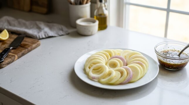 Circular pattern of sliced onions arranged on a white plate for marinating next to a glass bowl of dressing, ready for cooking in a modern kitchen.