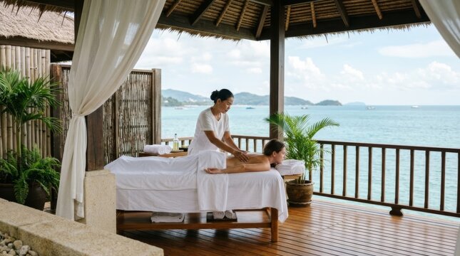 Oceanfront Pavilion Massage: Therapist Massaging Client's Back with Sea View, Serene Wellness Retreat Setting, Natural Textures, Bright Natural Light