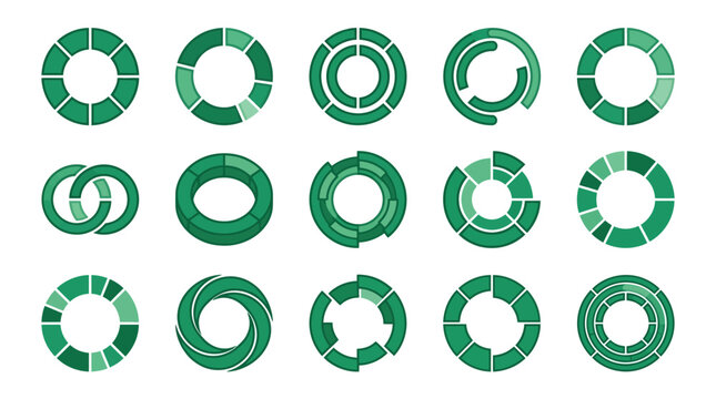 Set of modern green circular progress bar indicators and loading donut charts for web interface user experience design vector