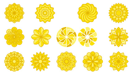 Fototapeta premium Set of yellow floral mandala icons featuring geometric sun patterns and decorative radial bloom ornaments for graphic design