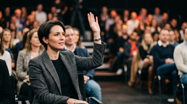 Engaged woman raising hand to ask question in audience at studio event, shallow depth of field