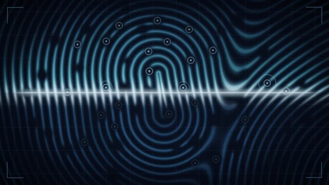 Biometric fingerprint scan with sweeping light line and recognition markers seamless loop in deep cyan tones