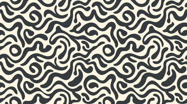 Black And White Seamless Wavy Organic Doodle Pattern