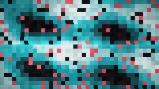 Digital glitch transition with RGB split, blocky displacement and static noise bursts, seamless loop in rich crimson tones