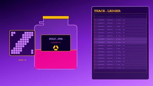 A digital vessel recycling interface shows data logs and liquid levels as information cycles across three distinct screens in this smooth motion graphic animation scene