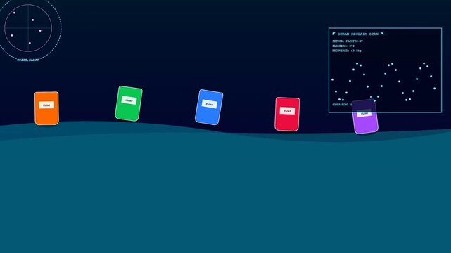 A digital vessel recycling interface displays fluctuating ocean data metrics through colorful floating cards that move across a dark screen during a simulated sea survey mission