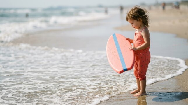 Little girl with surfboard on beach shore, shallow depth of field, bright summer day, documentary style