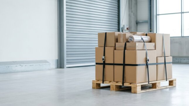 Stacked cardboard boxes on a wooden pallet, secured with black straps in a bright, modern warehouse with ample copy space for marketing