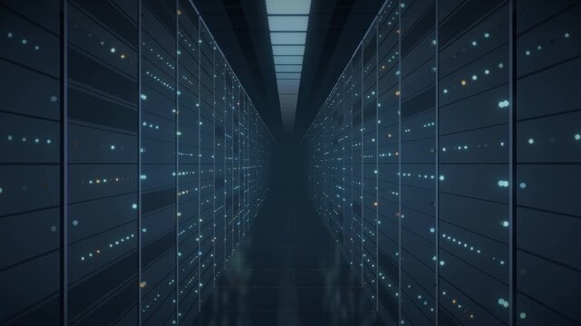 Data center server racks aisle with blinking LED status lights seamless loop in deep cyan tones