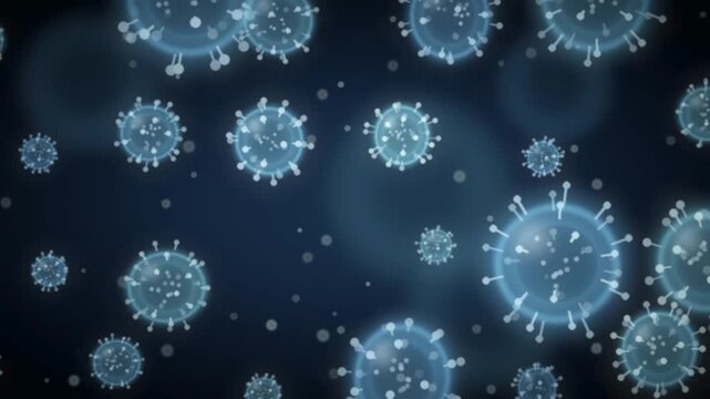 Microscopic virus particles floating in a medical medium seamless loop in bright navy tones