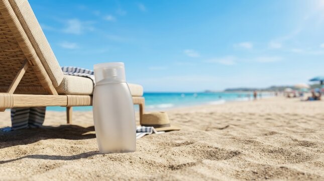 Unbranded sunscreen bottle and straw hat on a sunny beach, perfect for summer vacation and coastal marketing