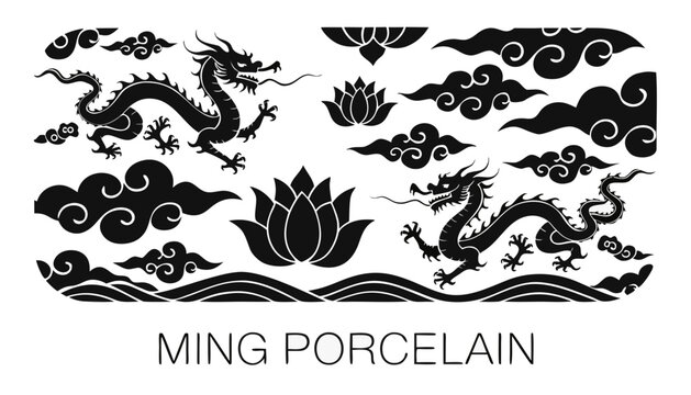 Very beautiful black and white realistic vector illustration of a MING PORCELAIN TILE PATTERN featuring a bold interior label reading "MING PORCELAIN", detailed monochrome ceramic engraving with Chine