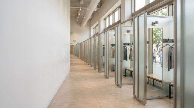 Modern retail fitting rooms with frosted glass partitions and empty stalls, offering clean perspective and copy space for marketing