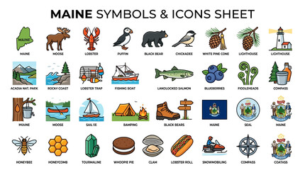 Fototapeta premium Comprehensive collection of colorful icons illustrating Maine state culture, famous landmarks, native wildlife, delicious local food, and outdoor recreation symbols