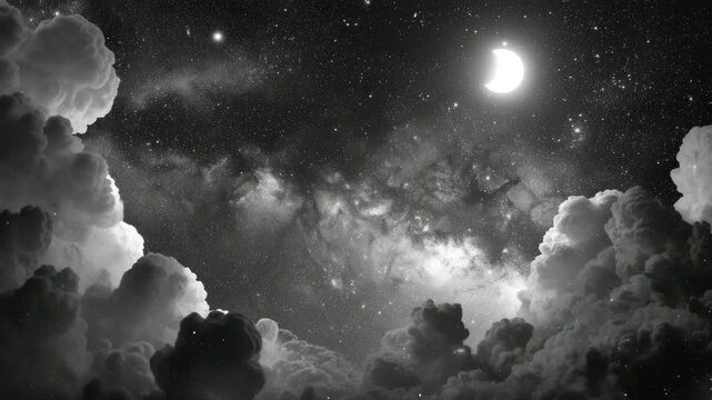 Fantasy Starry Night Sky with Crescent Moon Space Background