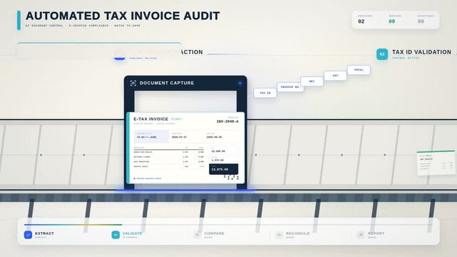 Automated tax invoice audit interface with document scanning and VAT reconciliation on conveyor