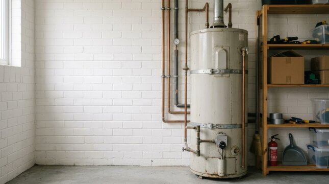 Old water heater tank with copper pipes in a bright, clean utility room with storage shelves, offering ample copy space on the left.