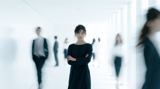人の行き交うオフィスで孤立し腕を組む女性会社員
