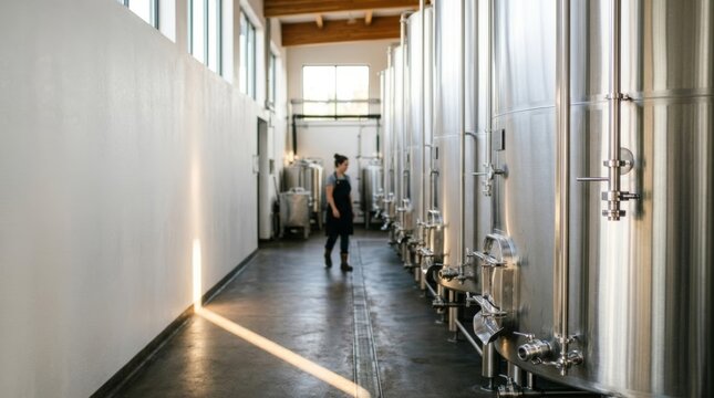 Modern winery interior with rows of stainless steel fermentation tanks and a worker, natural light creating a bright, clean atmosphere