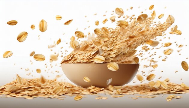 breakfast cereal oat flakes flying isolated on white background ai generated