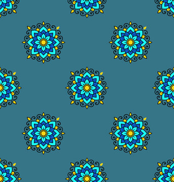 Teal blue seamless wallpaper pattern featuring floral mandala ornaments